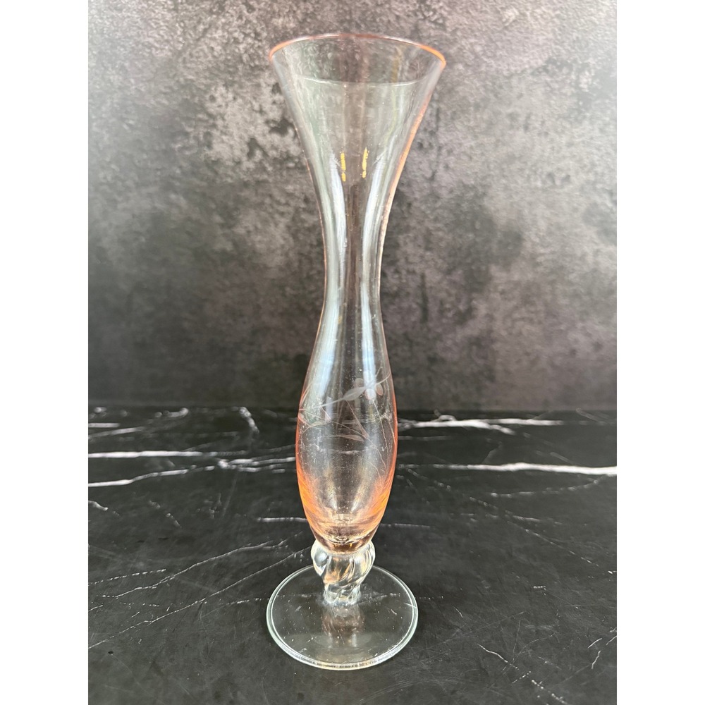 VTG Floral Etched Footed Bud Vase Pale Pink Flared Top 8in Tall MINT!